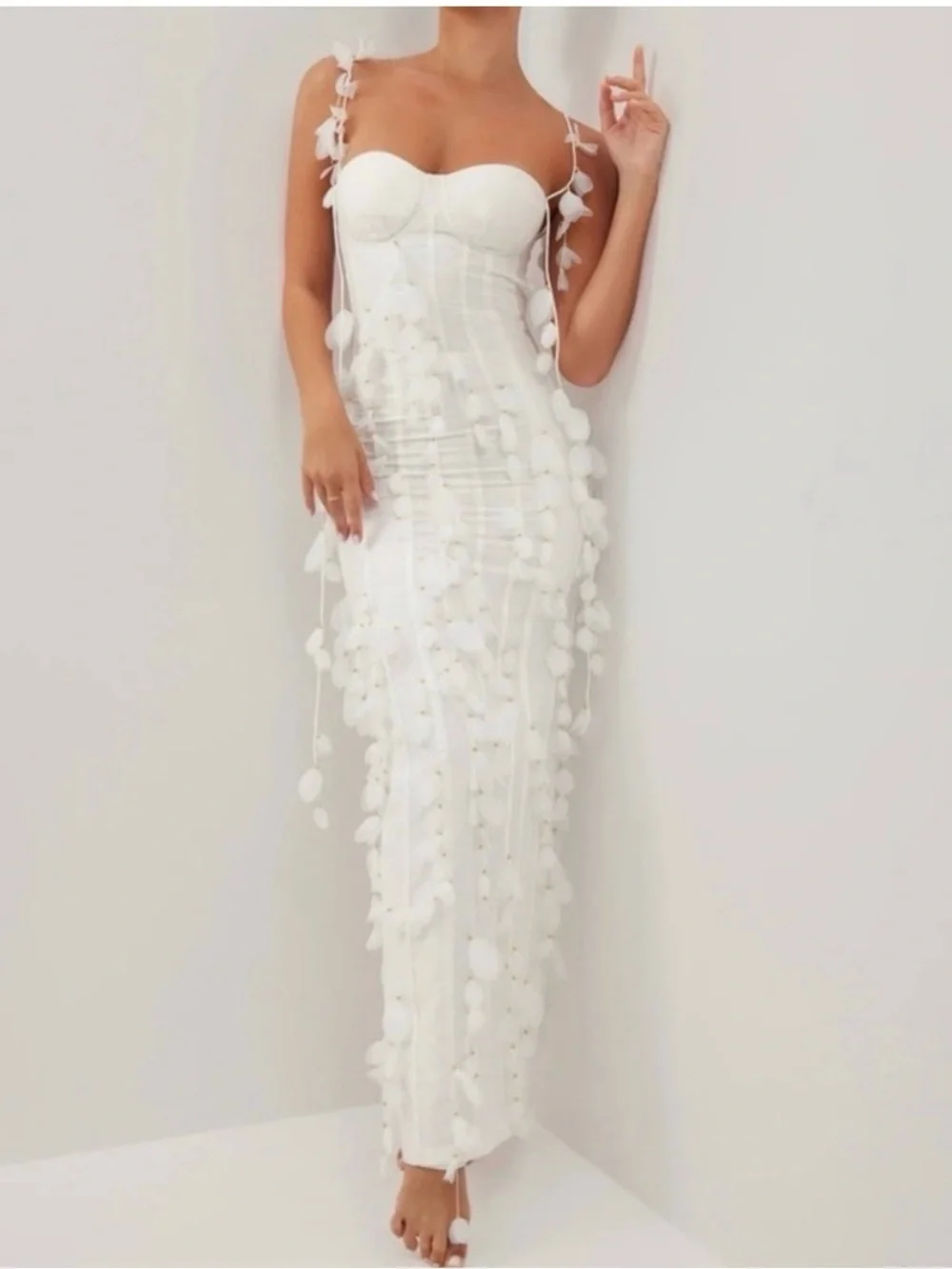White Maxi Dress with 3D Floral Appliqués - Picture 1 of 3
